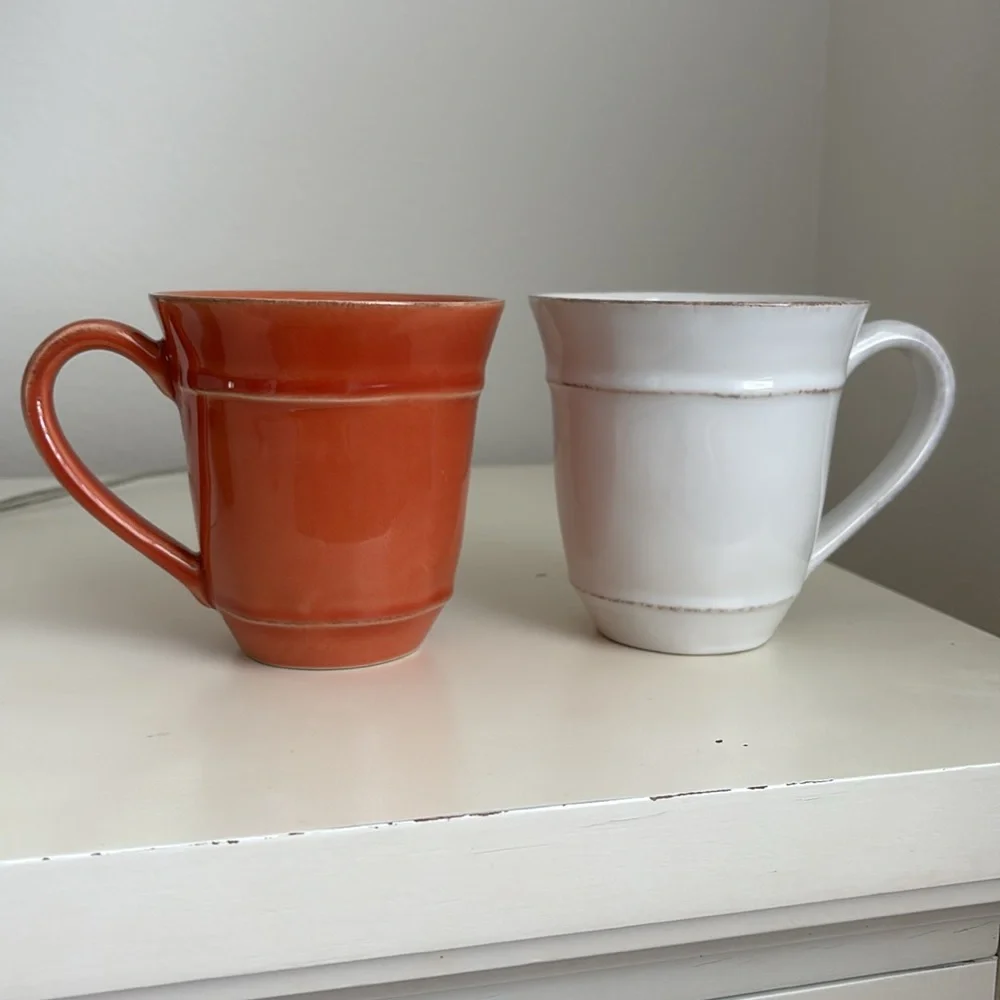2 Pottery Barn Coffee Mugs Handcrafted in Portugal Terracotta/ Rust White